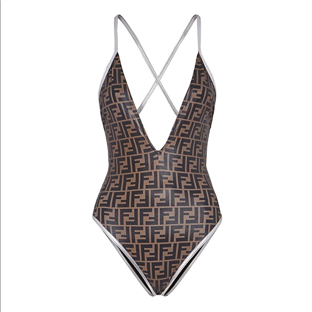 SOLD Fendi Allover Logo V-Neck One-Piece Swimsuit - Picture 3 of 12
